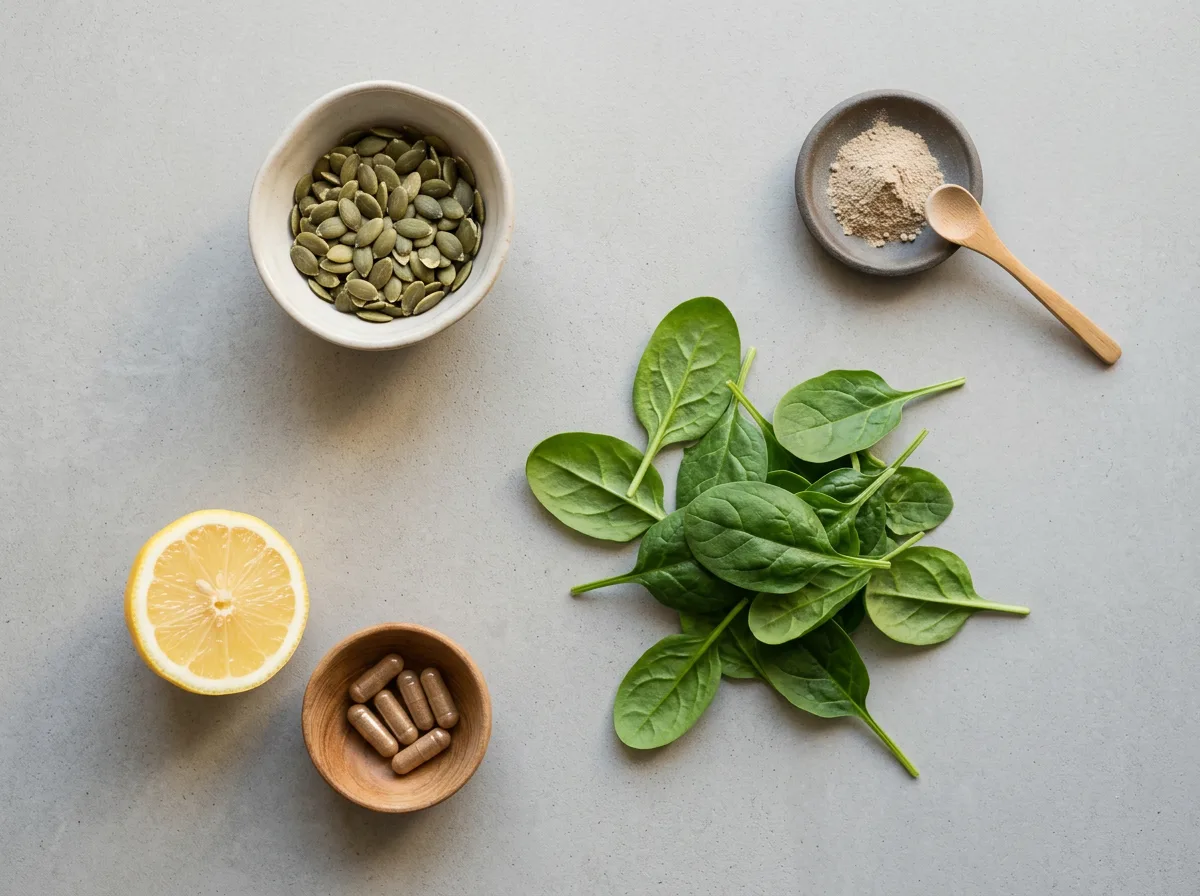 Naturliga ingredienser - pumpakärnor, spenat, citron, mineralpulver - L-karnitin krom probiotika kapslar